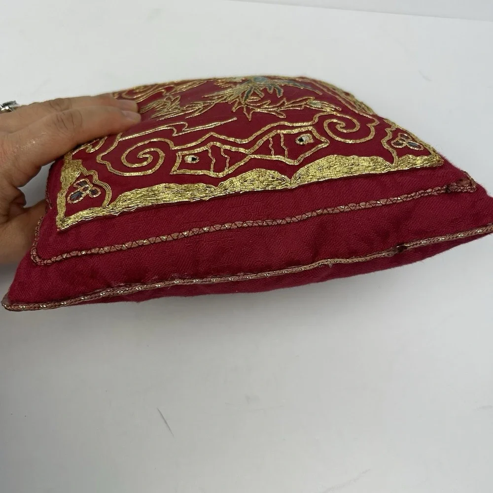 Vintage Red Silk Embroidered Chinese Phoenix Decorative Pillow Gold Thread Asian